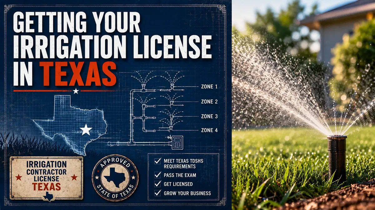 Texas irrigation sprinkler watering a lawn beside a graphic about getting an irrigation contractor license in Texas.