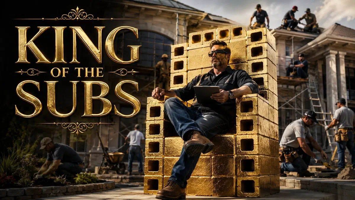 Contractor seated on a throne made of gold cinder blocks, overseeing multiple subcontractor crews working on a luxury construction project, with the headline “KING OF THE SUBS” in ornate gold lettering.