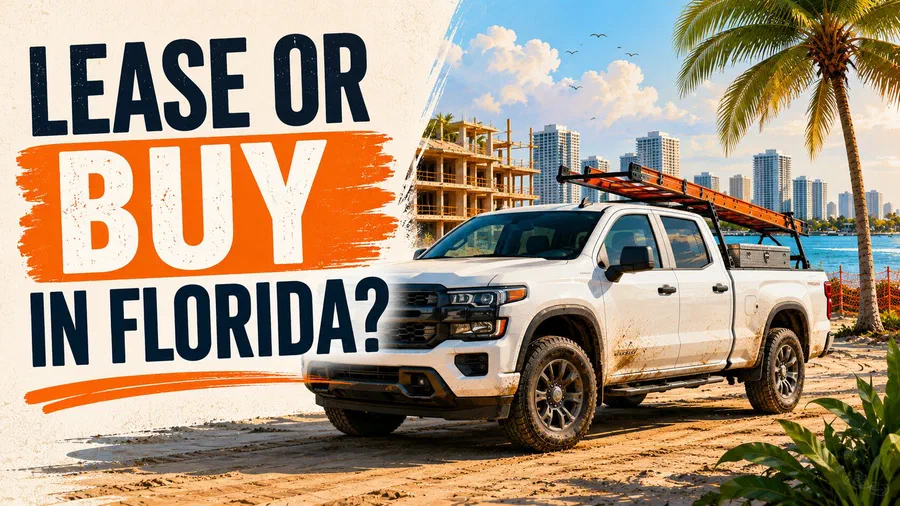 Contractor pickup truck parked on a Florida waterfront construction site with palm trees, city skyline, and large text reading “Lease or Buy in Florida?”.
