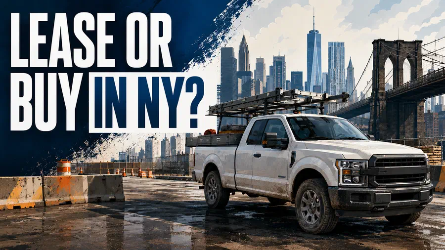 Contractor work pickup truck parked in New York City with the Manhattan skyline and Brooklyn Bridge in the background, alongside large editorial text reading “LEASE OR BUY IN NY?” in bold blue-and-white magazine-style typography