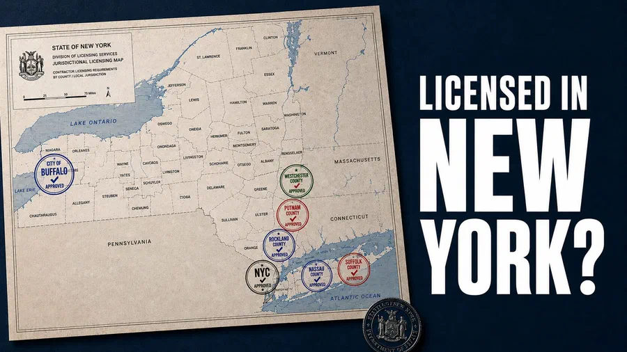 Vintage New York State licensing map with approved jurisdiction stamps for NYC, Nassau, Suffolk, Westchester, Putnam, Rockland, and Buffalo beside large white text reading “LICENSED IN NEW YORK?” on a dark blue background.