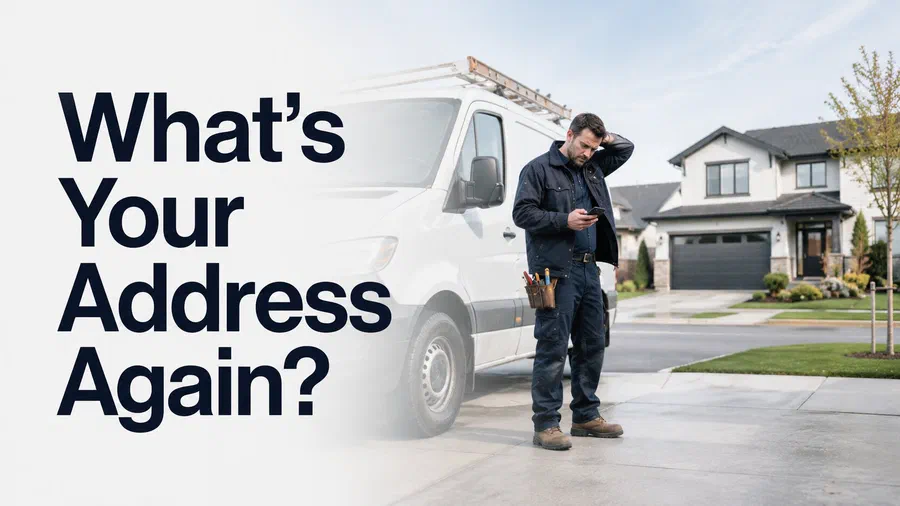 Contractor standing outside the wrong customer property while checking job details on a phone beside a service van, illustrating scheduling confusion and disconnected contractor management software.