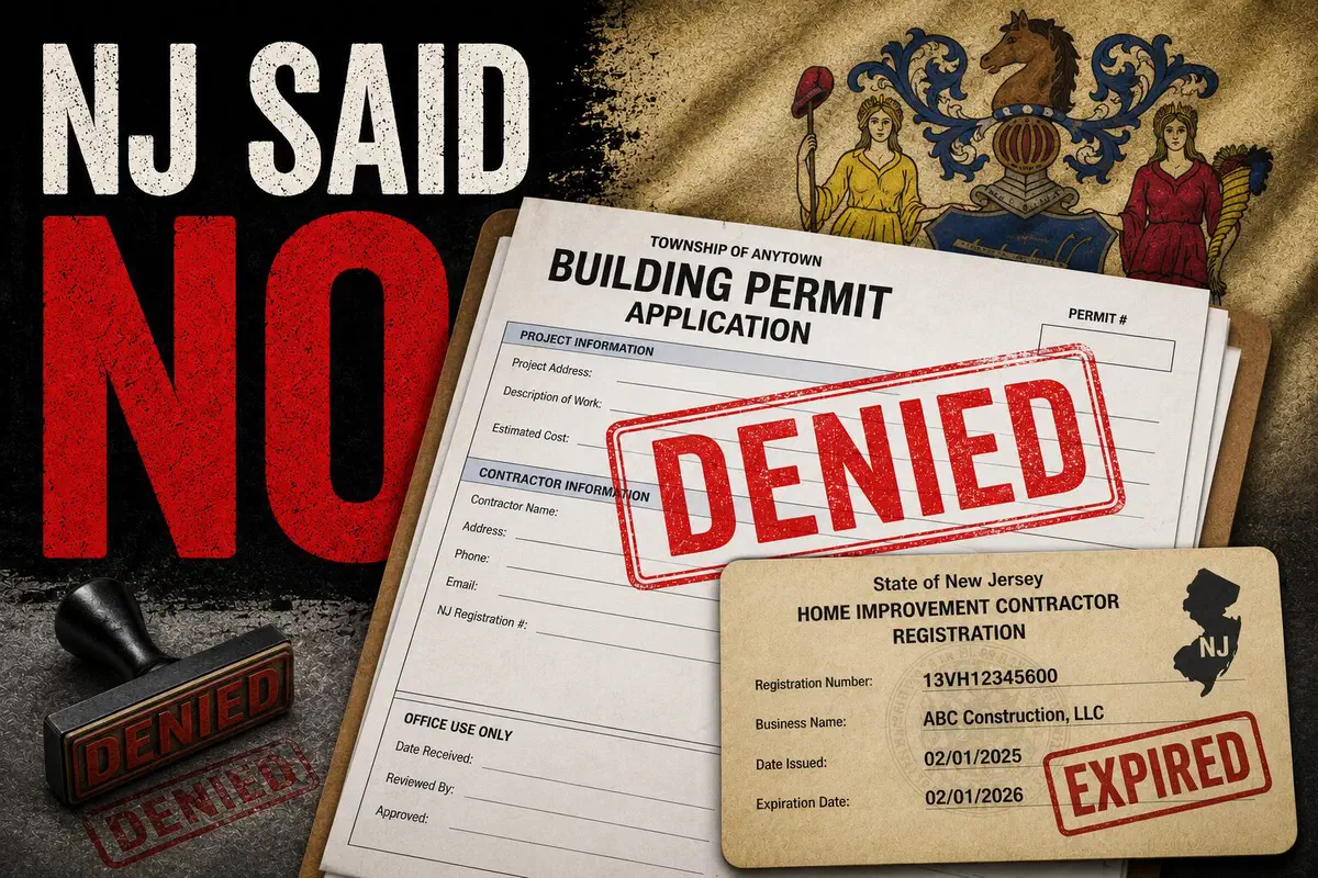 New Jersey contractor registration marked expired beside a denied building permit application.
