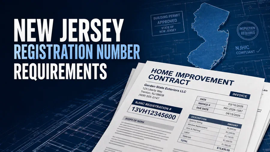 New Jersey home improvement contract and invoice highlighting NJHIC registration number requirements with compliance documents, blueprint background, and New Jersey regulatory imagery