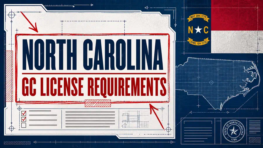 North Carolina contractor licensing requirements illustration featuring a large highlighted compliance panel, blueprint-style annotations, North Carolina flag elements, and a state outline on a technical drafting background.