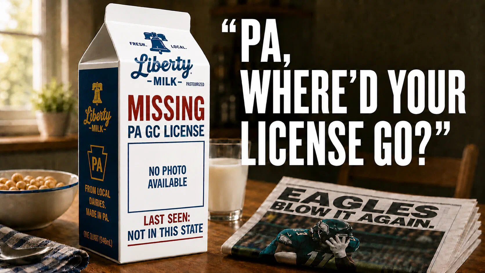 Milk carton parody featuring a Pennsylvania-themed "Liberty Milk" carton designed like a missing-person poster for a contractor license. The carton sits on a breakfast table beside a glass of milk and a newspaper with an Eagles headline. Large white text reads: “PA, WHERE'D YOUR LICENSE GO?” against a warm, rustic kitchen background.