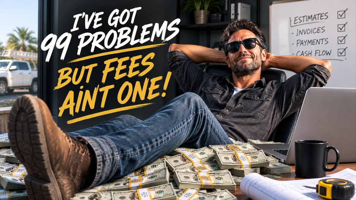 Contractor wearing sunglasses relaxes on stacks of cash in his office beside a laptop, with the headline, "I've Got 99 Problems but Fees Ain't One!"