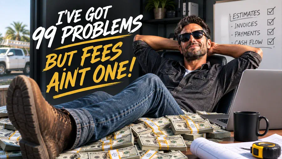 Contractor wearing sunglasses relaxes on stacks of cash in his office beside a laptop, with the headline, "I've Got 99 Problems but Fees Ain't One!"