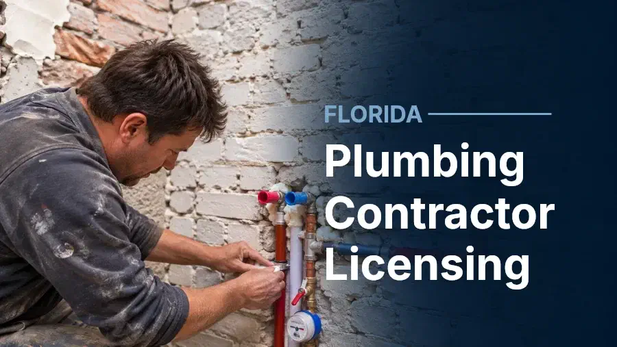 Plumber working on exposed pipes against a brick wall, beside “Plumbing Contractor Licensing” and the label “Florida.”