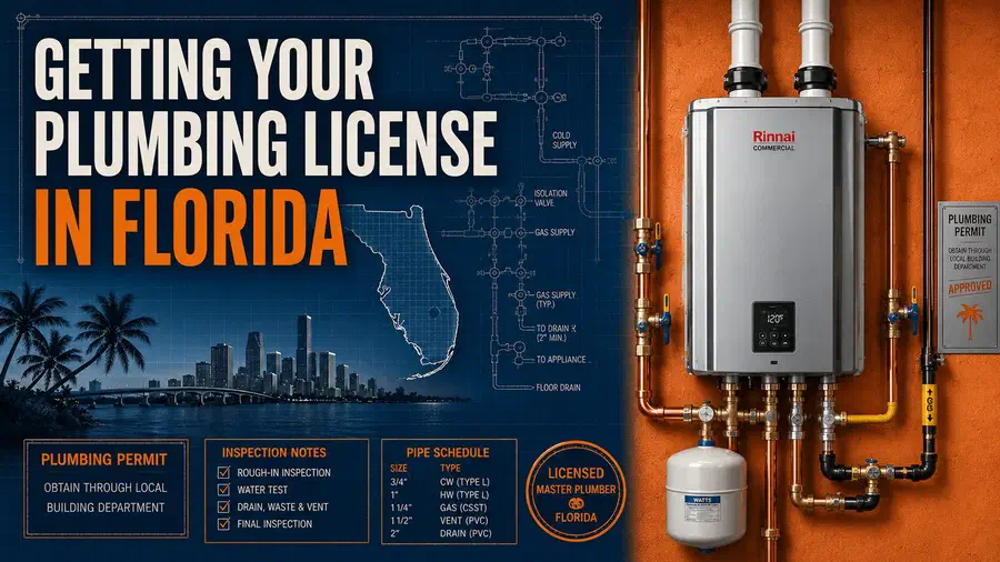 Tankless water heater installation, plumbing blueprint drawings, Florida state outline, palm trees, and a coastal skyline with the headline “Getting Your Plumbing License in Florida.”