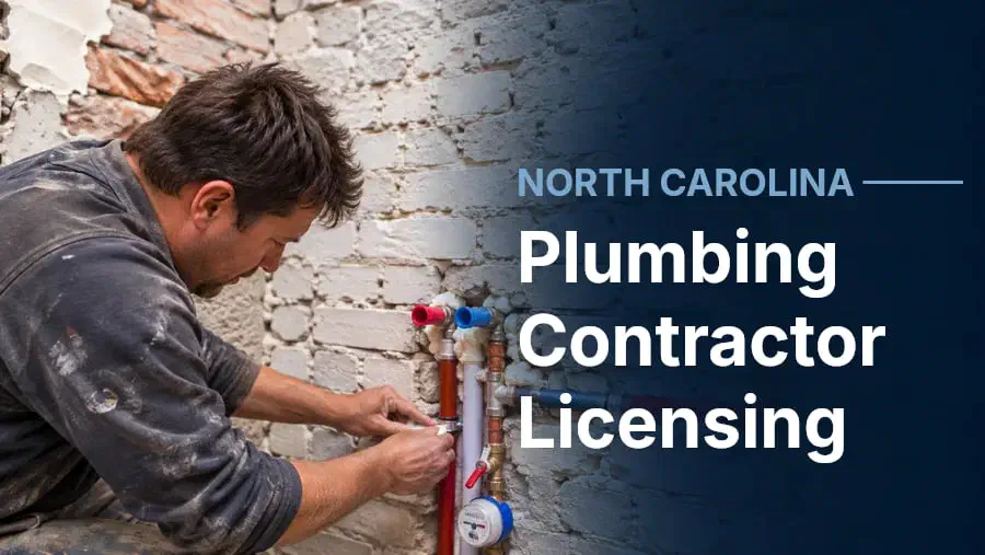 Illustration of a tankless water heater with plumbing pipes and North Carolina licensing graphics promoting a guide to getting a plumbing license in North Carolina.