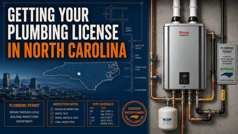 Illustration of a tankless water heater with plumbing pipes and North Carolina licensing graphics promoting a guide to getting a plumbing license in North Carolina.