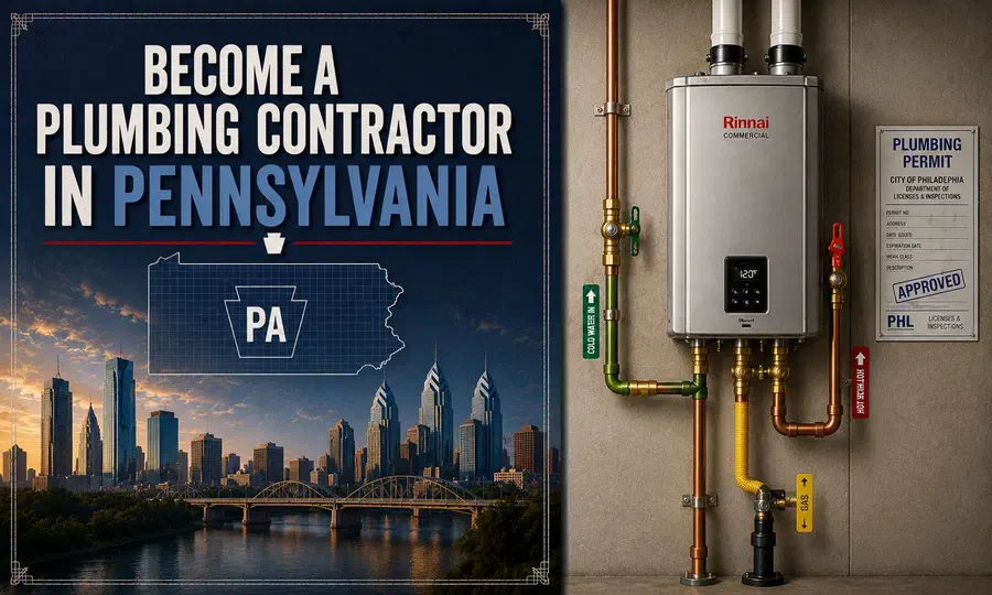 Commercial tankless water heater installation beside a Pennsylvania-themed graphic about becoming a plumbing contractor.
