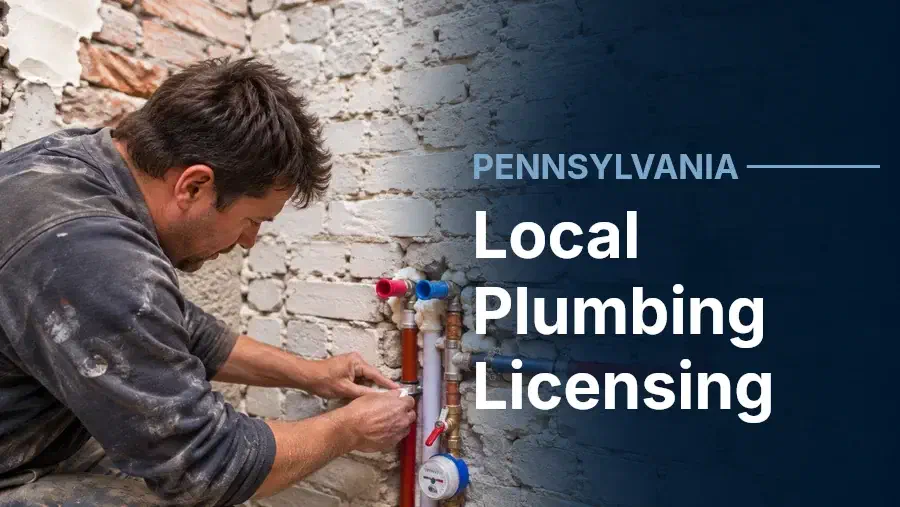 Plumber working on exposed pipes against a brick wall, beside “Local Plumbing Licensing” and the label “Pennsylvania.”
