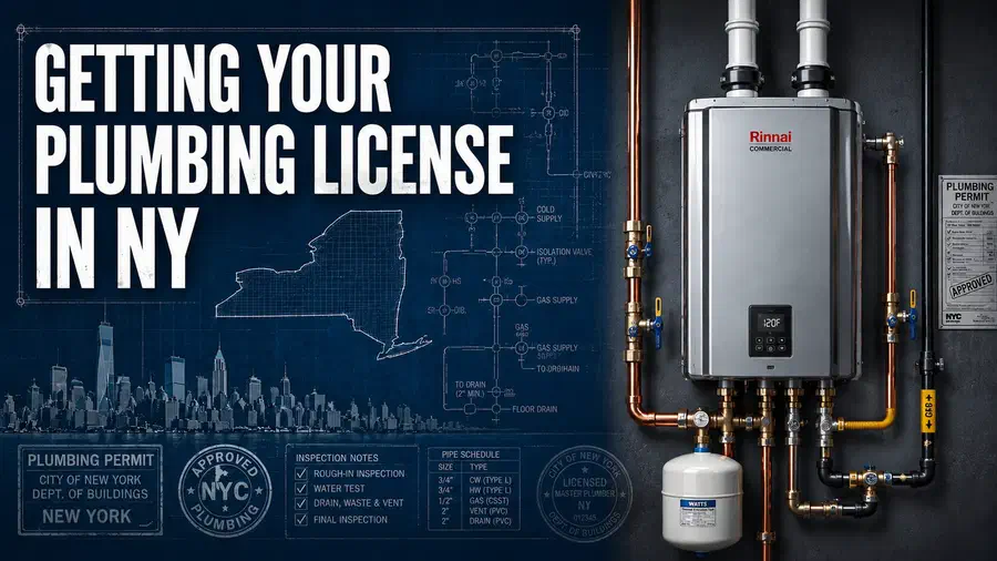 Tankless water heater installation against a blueprint-style New York plumbing licensing background featuring plumbing schematics, permit stamps, a New York State outline, and the headline “Getting Your Plumbing License in NY.”