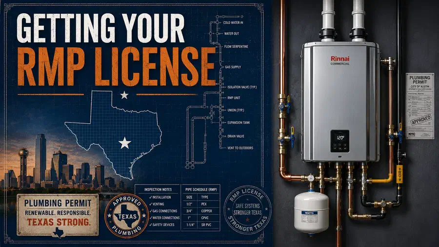 Commercial tankless water heater installation beside a Texas-themed graphic about getting an RMP plumbing license.