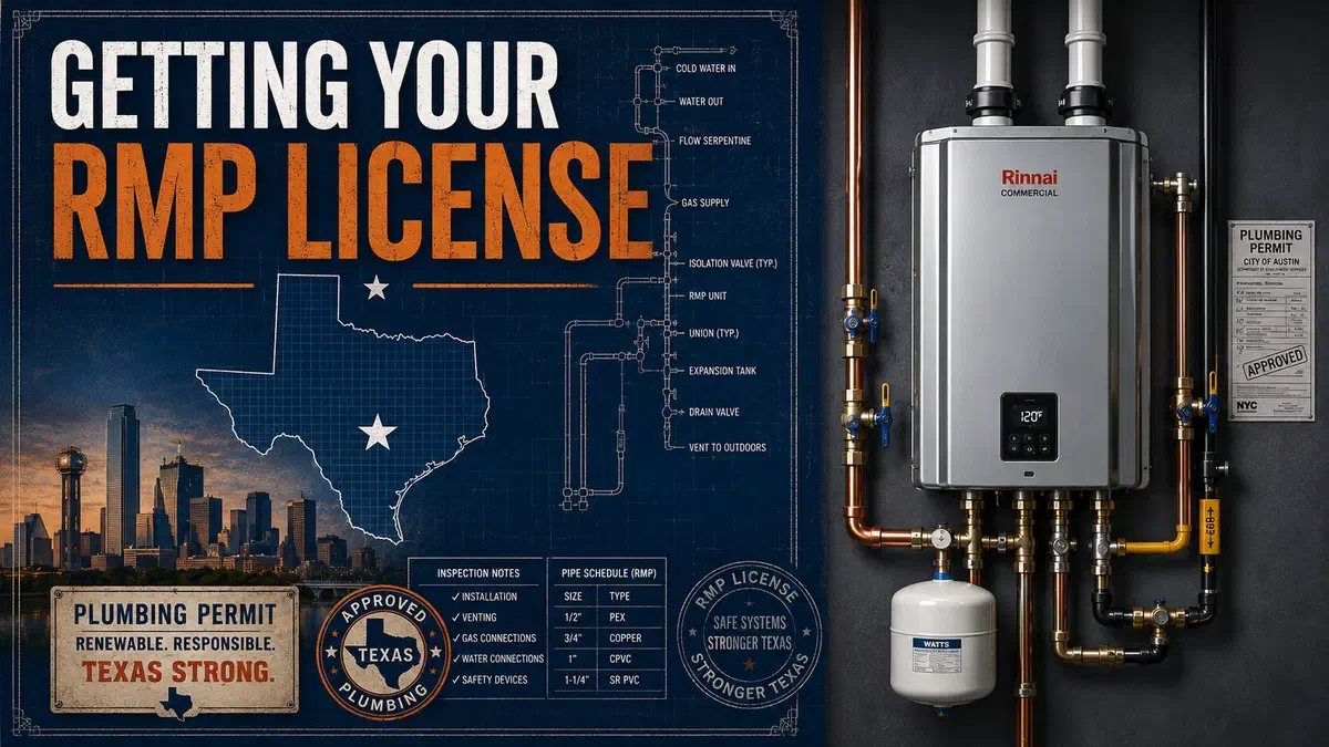 Commercial tankless water heater installation beside a Texas-themed graphic about getting an RMP plumbing license.