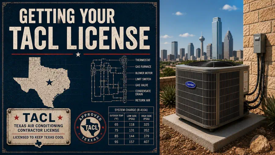 Texas HVAC condenser beside a building with Dallas skyline, alongside a graphic about getting your TACL license in Texas