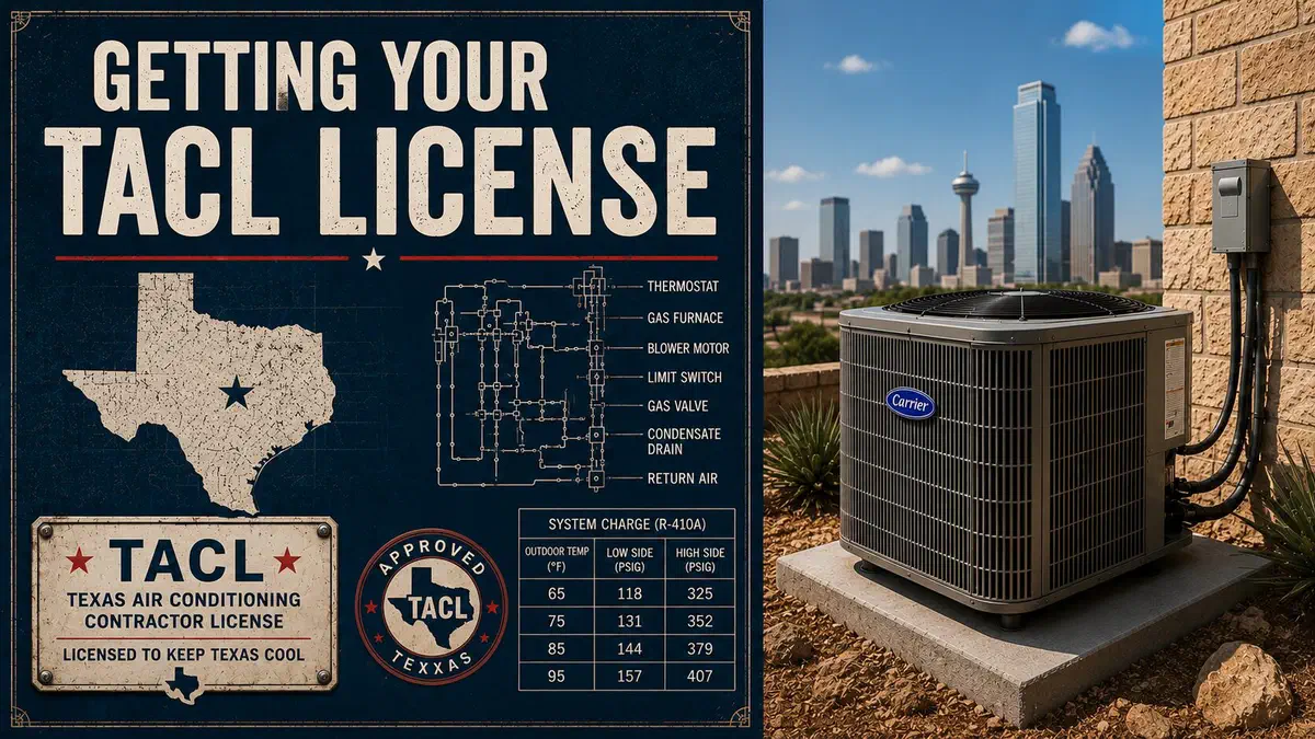 Texas HVAC condenser beside a building with Dallas skyline, alongside a graphic about getting your TACL license in Texas