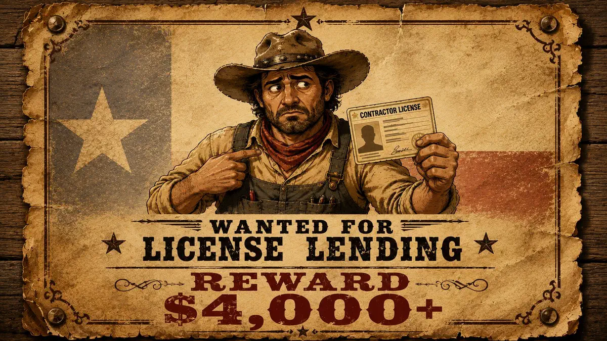 Contractor-themed Wild West wanted poster warning against license lending in Texas, featuring an outlaw holding someone else’s contractor license and a $4,000+ reward notice.