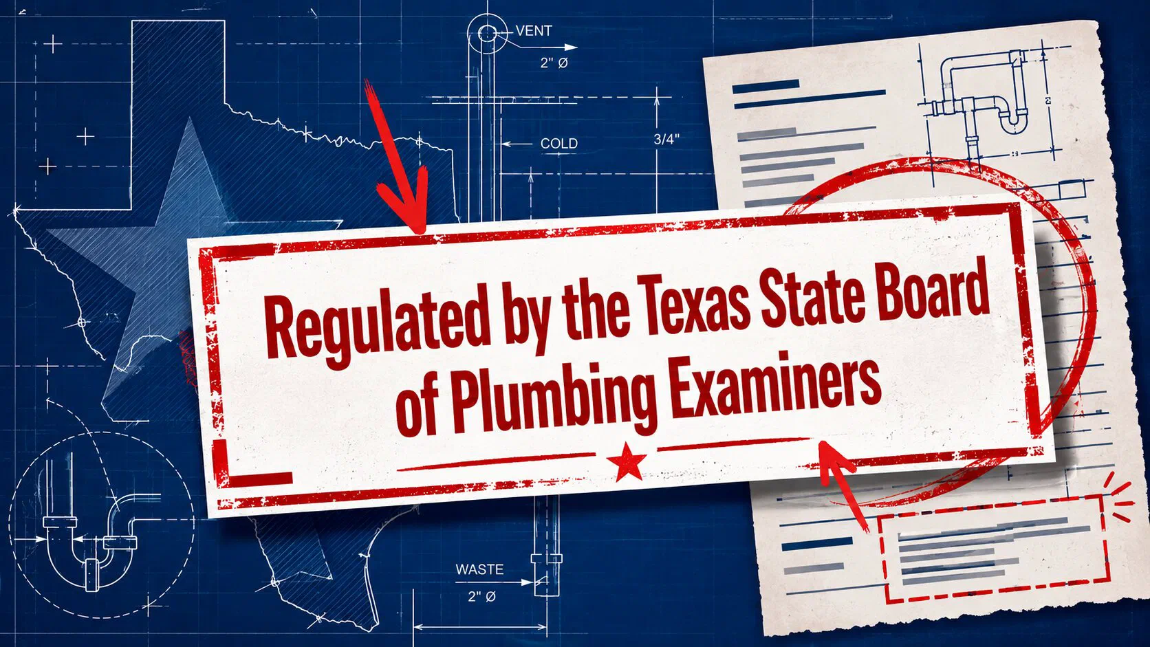Texas plumbing compliance notice highlighted on a blueprint-style document, featuring a large regulatory disclosure with Texas-themed blue and red engineering annotations and construction drafting elements.
