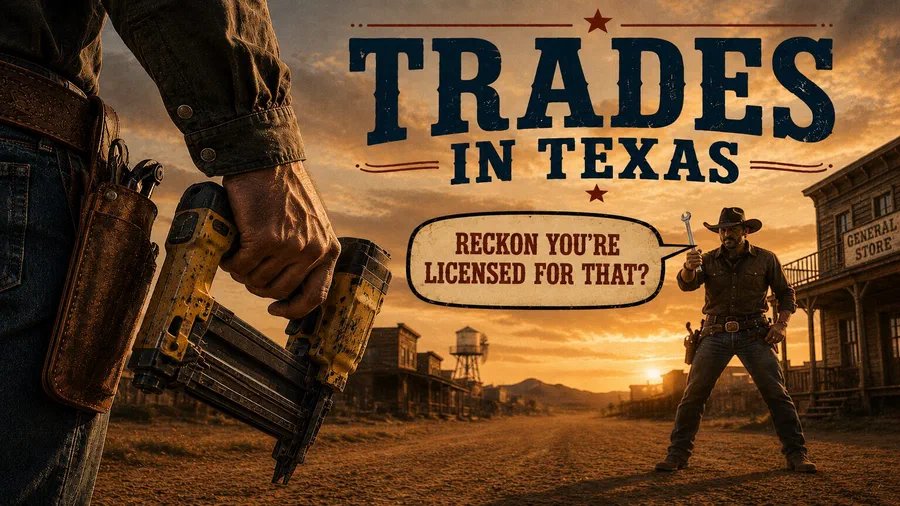 Western-style illustration showing a Texas standoff between two cowboys, with one holding a nail gun and the other holding a wrench, beneath the headline "Trades in Texas" and a speech bubble that reads, "Reckon you're licensed for that?"