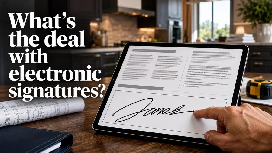 Homeowner signing a home improvement contract on a tablet in a modern kitchen, with a large electronic signature and the headline “What’s the deal with electronic signatures?” prominently displayed.