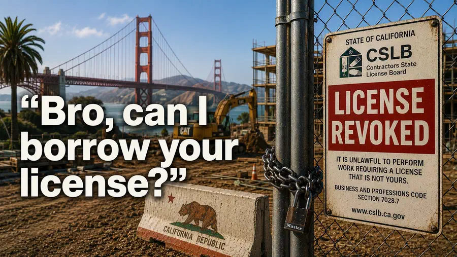 Texas construction site with the Golden Gate Bridge in the background, a large "LICENSE REVOKED" sign on a fenced gate, and the headline, "Bro, can I borrow your license?"
