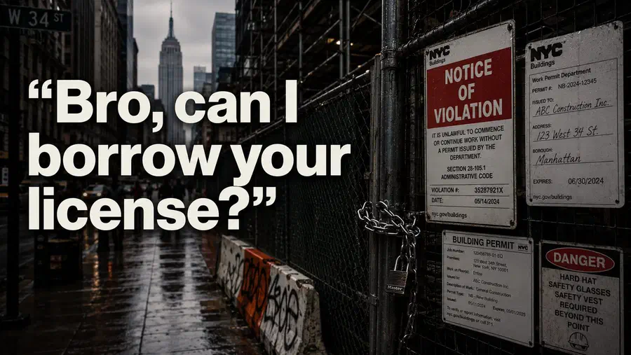 New York City construction site with scaffolding and a notice of violation sign beside the headline, “Bro, can I borrow your license?”