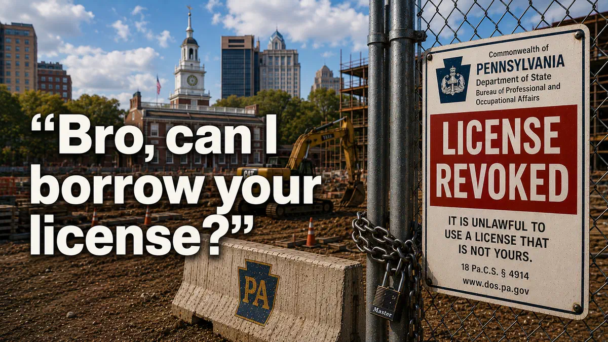 Texas construction site with Philadelphia in the background, a large "LICENSE REVOKED" sign on a fenced gate, and the headline, "Bro, can I borrow your license?"