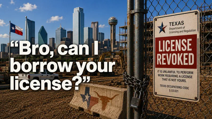 Texas construction site with the Dallas skyline, a large "LICENSE REVOKED" sign on a fenced gate, and the headline, "Bro, can I borrow your license?"