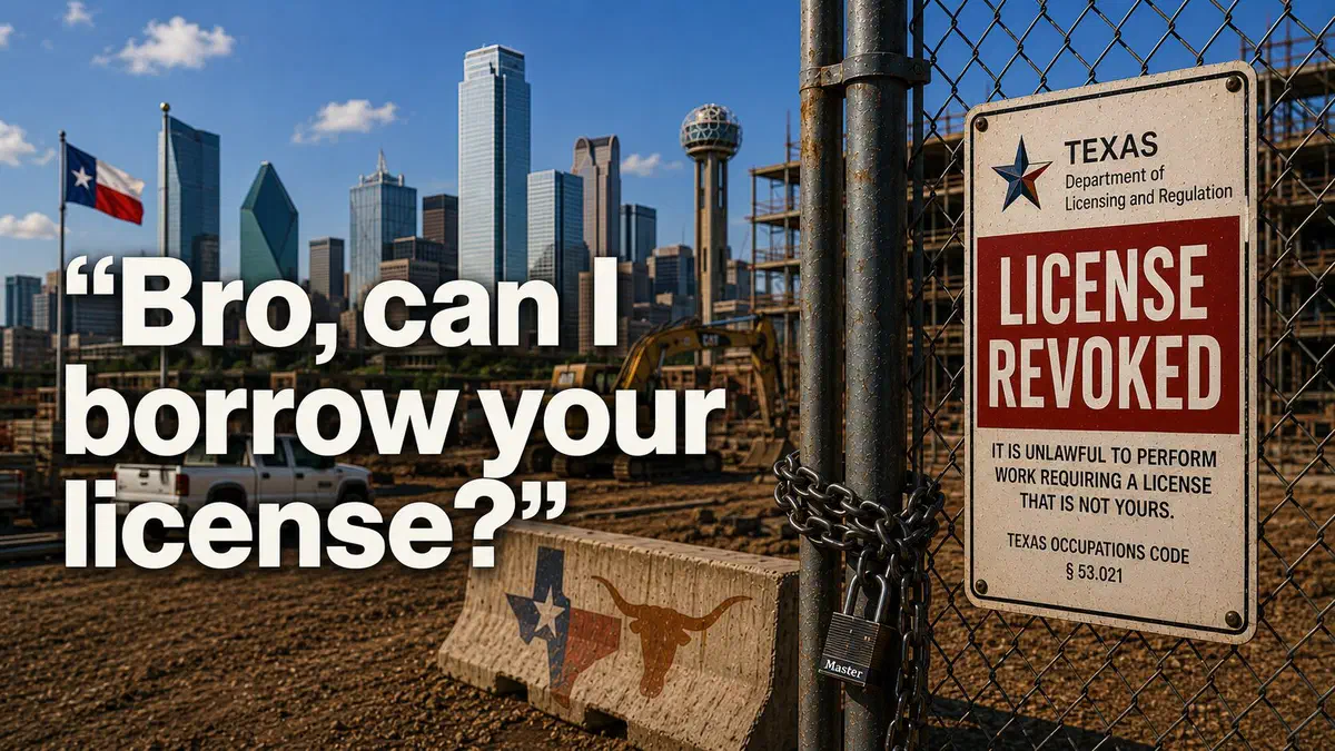 Texas construction site with the Dallas skyline, a large "LICENSE REVOKED" sign on a fenced gate, and the headline, "Bro, can I borrow your license?"