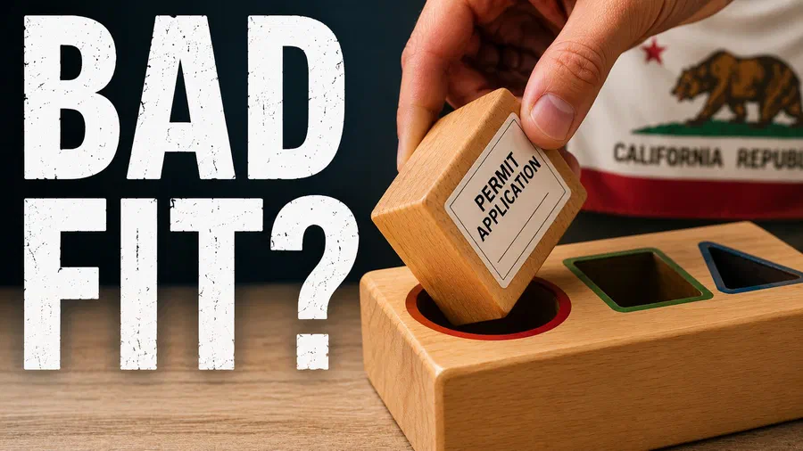 Permit application block being forced into the wrong opening of a wooden shape sorter, representing a California contractor license classification mismatch.