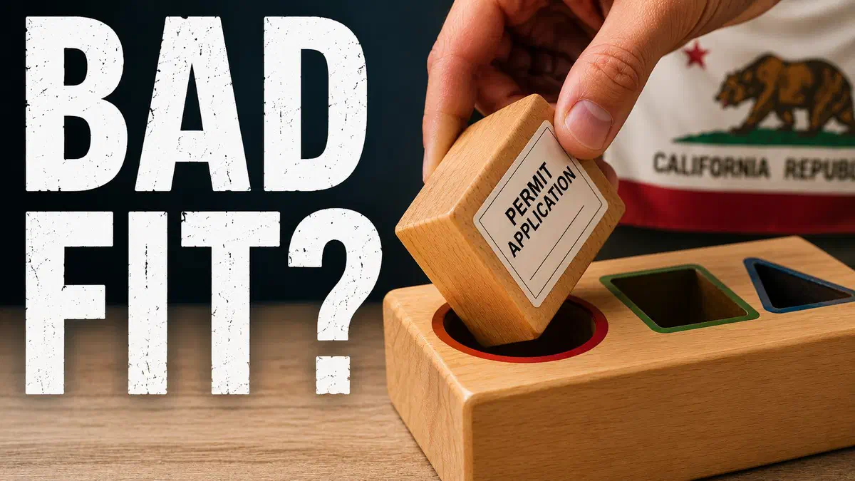 Permit application block being forced into the wrong opening of a wooden shape sorter, representing a California contractor license classification mismatch.