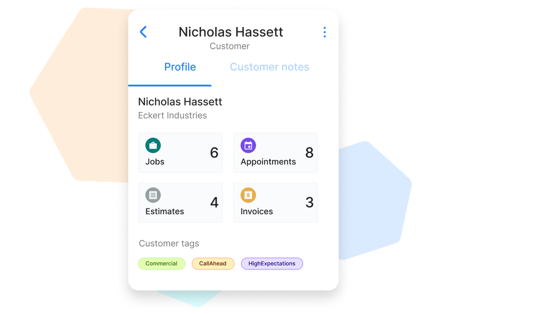 Customer profile view in Cinderblock showing contact details, sales history, notes, and job activity overview.