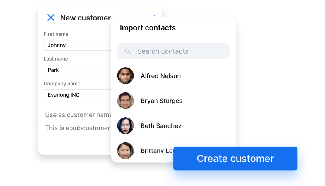 Form for creating a new customer in Cinderblock with fields for name, company, and customer type options.