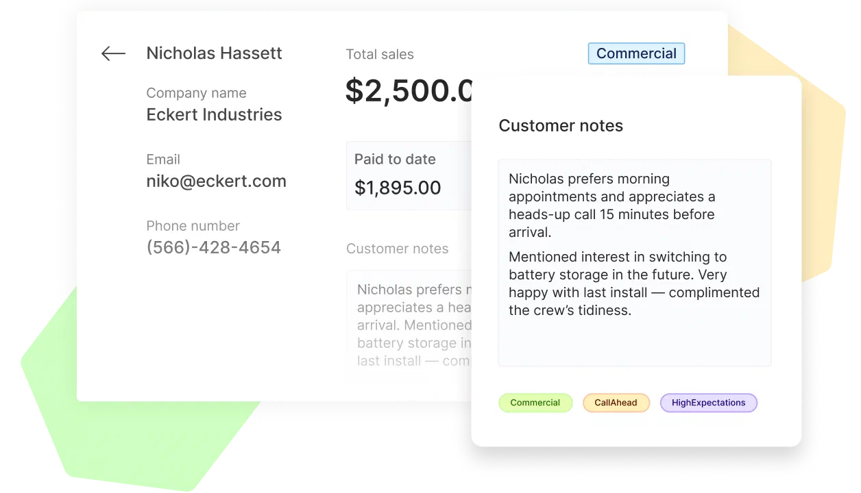 Customer profile in Cinderblock with detailed notes and tags showing preferences and special requirements.