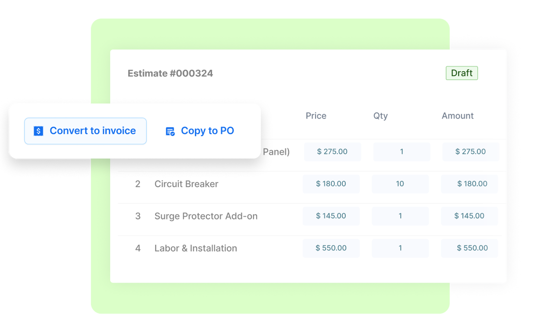Cinderblock job view showing a signed estimate with the convert-to-invoice action available.