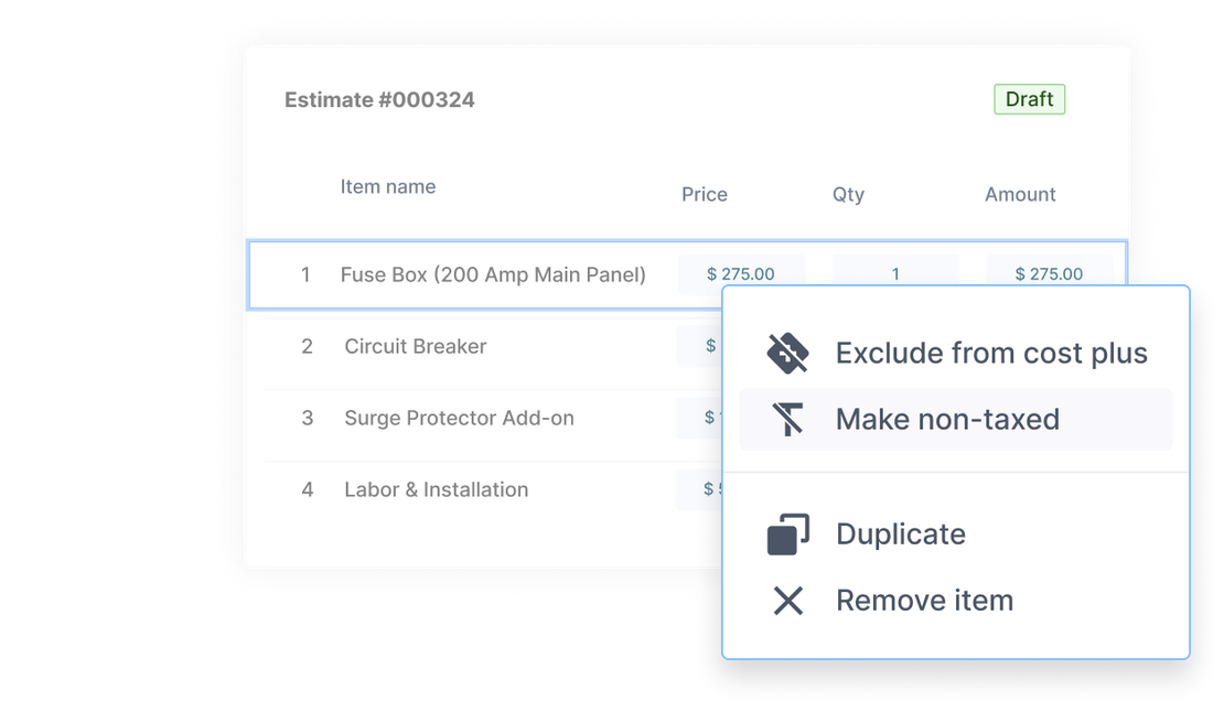 Cinderblock estimate item list with options to exclude, untax, duplicate, or remove individual line items.