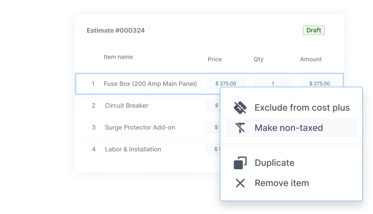 Cinderblock estimate item list with options to exclude, untax, duplicate, or remove individual line items.