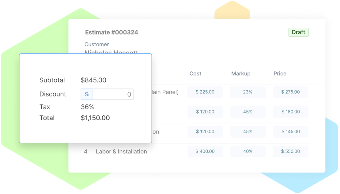 Estimate summary in Cinderblock showing subtotal, discount, tax, and total alongside itemized costs and prices.