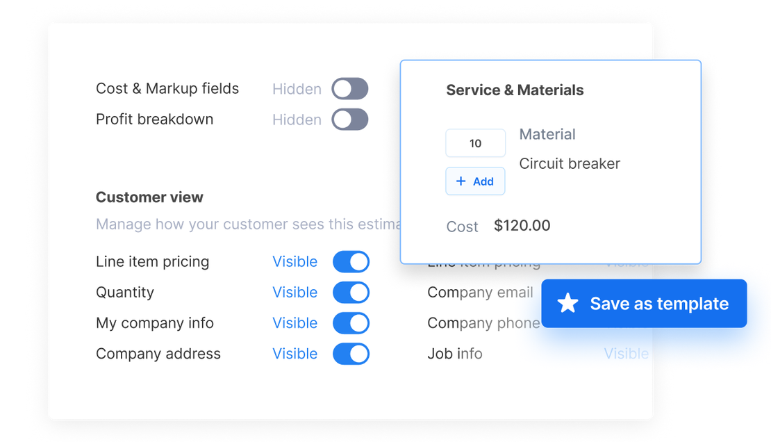 Estimate settings screen in Cinderblock showing visibility toggles, item details, and a "Save as template" option.