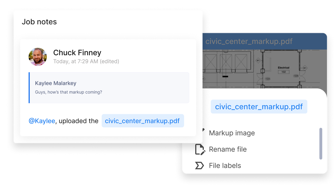 Cinderblock UI displaying file markup, renaming, and labeling tools.