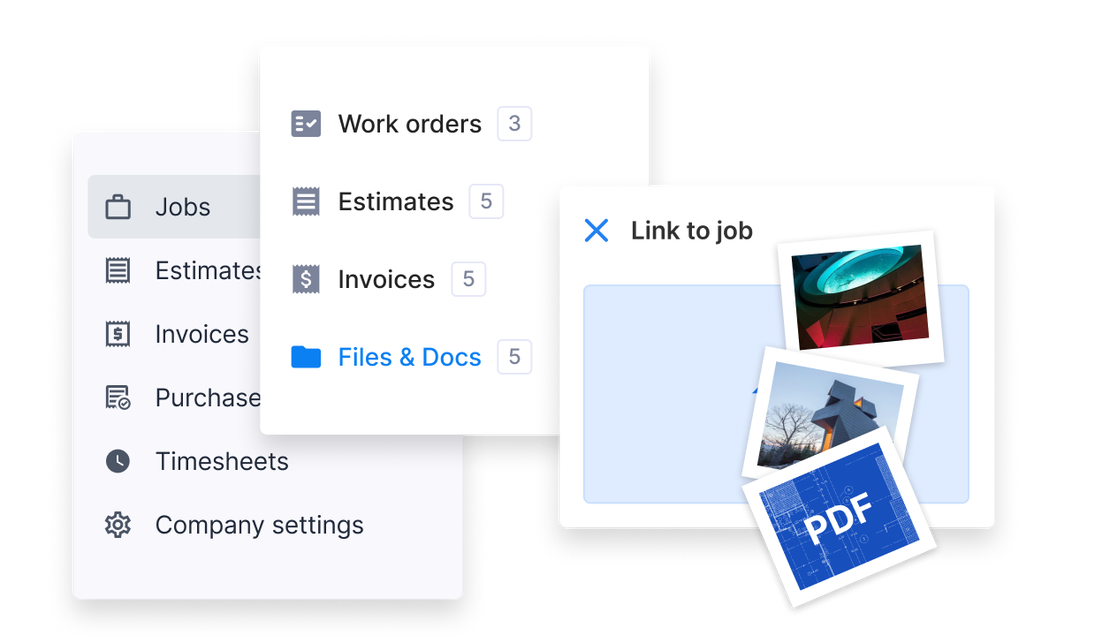 Cinderblock job files tab showing photos and documents attached to a job record.