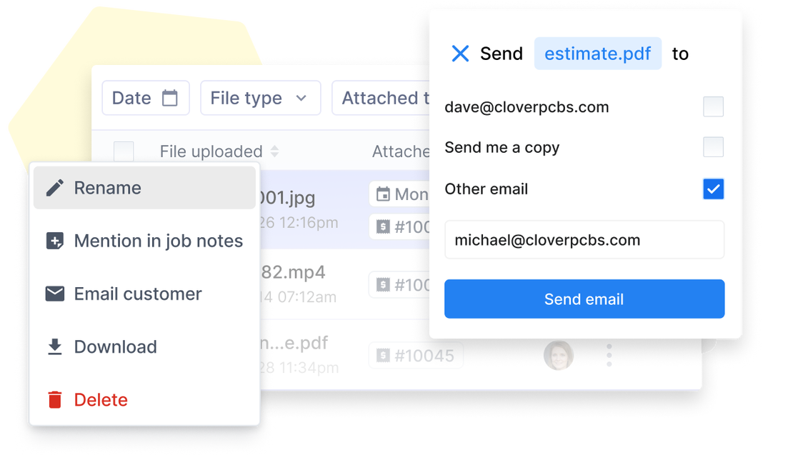 Cinderblock UI options to rename, email, download, or delete files.