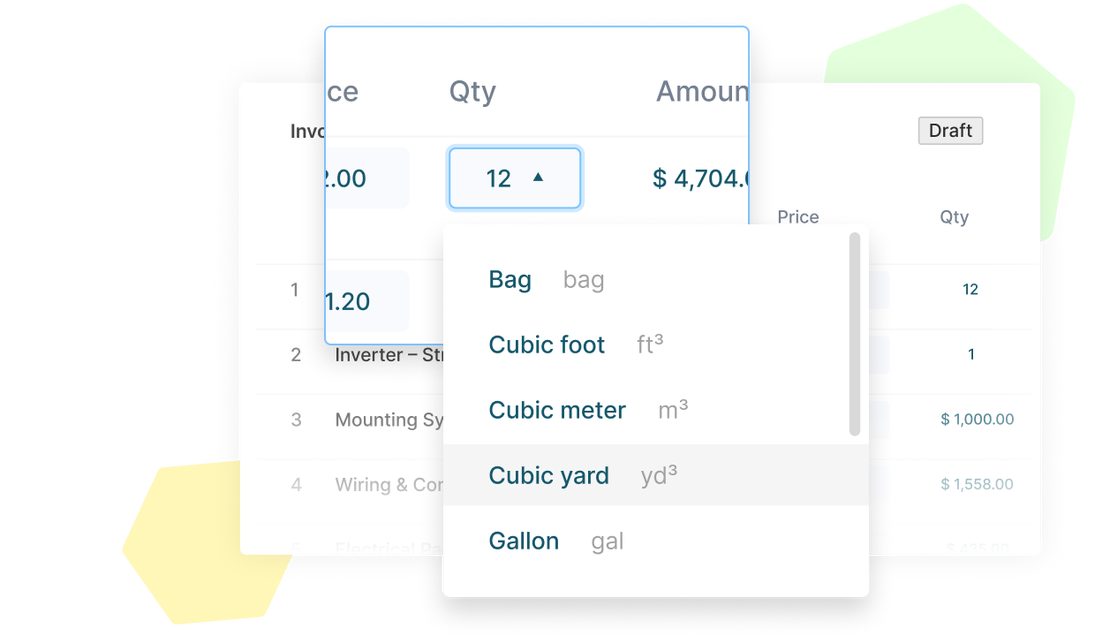Cinderblock invoice UI showing quantity input and a dropdown for selecting custom measurement units.