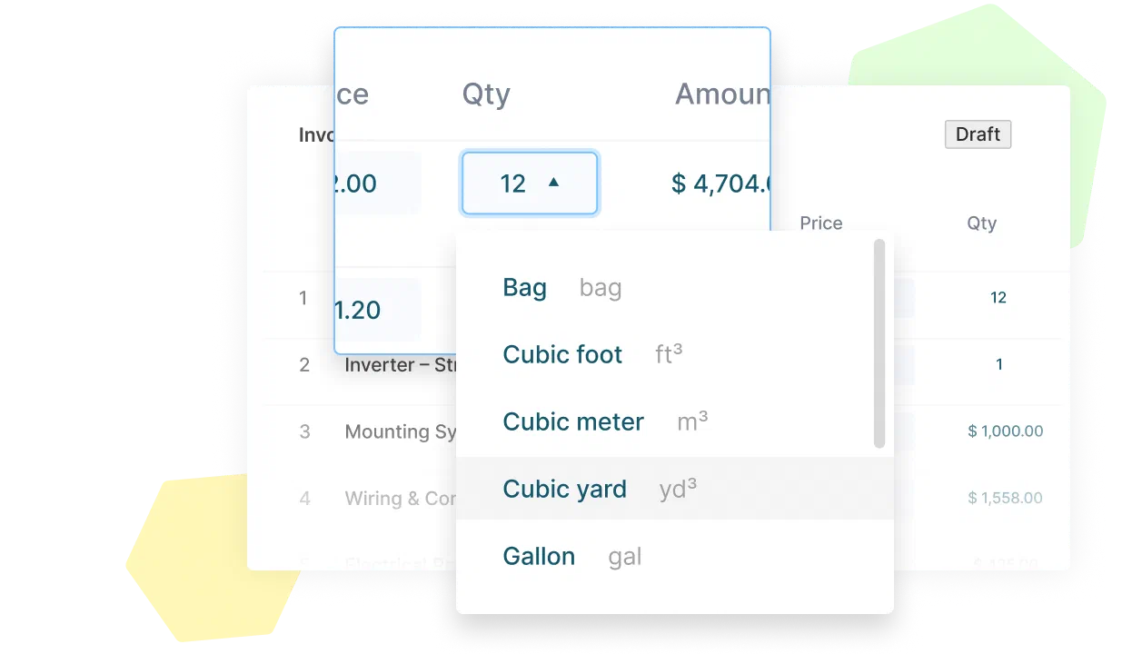 Cinderblock invoice UI showing quantity input and a dropdown for selecting custom measurement units.