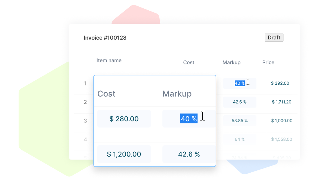 A draft invoice in the Cinderblock UI showing editable cost and markup fields that auto-calculate the final price for each line item.
