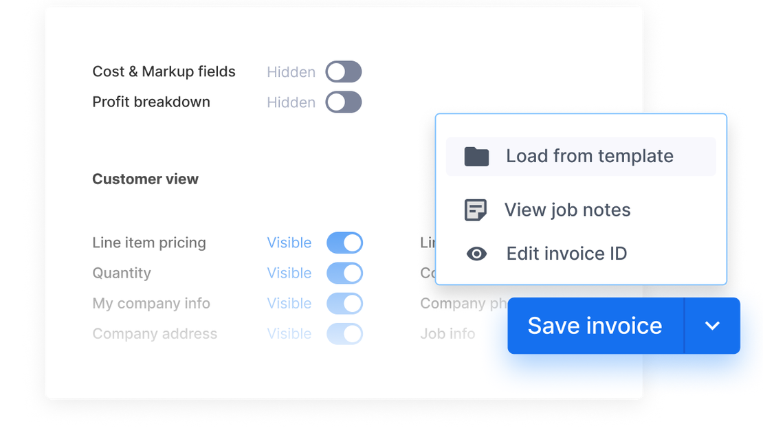 Cinderblock invoice settings with visibility toggles and options to load templates, view notes, or edit ID.