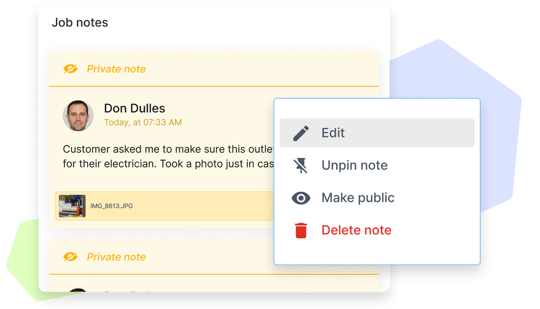 UI of Cinderblock’s job notes showing a private note with an image attachment and menu options to edit, unpin, make public, or delete the note.